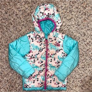 The North Face Girls Reversible Perrito Puffer Jacket Coat 3T blue pink fox